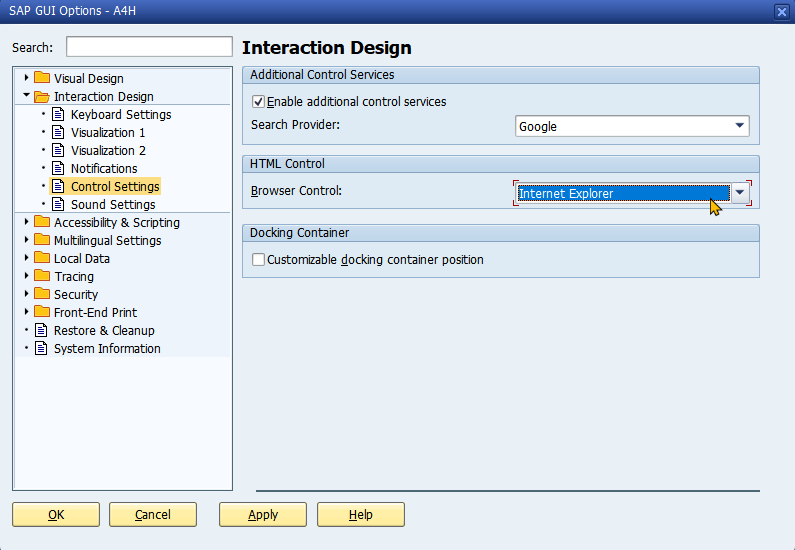 SAP GUI IE Control Setting